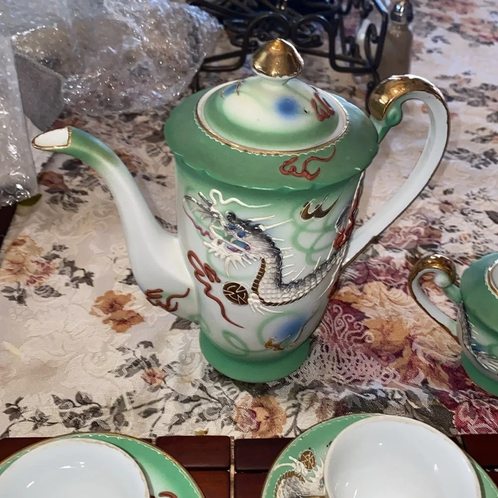 Vintage Dragonware Tea Set JB Betsons Green Hand Painted Moriage 14 pc set Japan